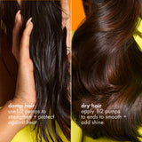 Before and after comparison of hair care product application on wet and dry hair.