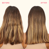 Before and after comparison of hair color treatment on a person with long, wavy hair.