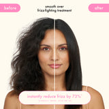 front of model's hair before + after using smooth over frizz-fighting treatment, instantly reduce frizz by 73%*. *clinically proven, after one use. 