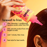 Hair product bottle with usage instructions on a yellow background