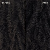Comparison of textured hair before and after cleaning or treatment.