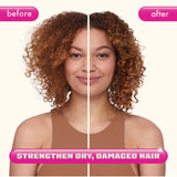 Side-by-side image showing a woman with curly, shoulder-length hair before and after using a product. The left side (before) shows frizzier, less defined curls, while the right side (after) shows more defined, smoother, and shinier curls. The top corners have pink labels reading 'before' and 'after.' At the bottom of the image, a pink and white banner reads 'Strengthen Dry, Damaged Hair.' The woman is wearing a neutral brown top, and the background is a light cream color.