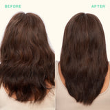 Before and after comparison of hair treatment on a person with dark brown hair.