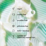 texture of the closer against a light green background. text: the closer is vegan, cruelty-free, paraben-free, phtalate-free, SLES + SLS-free, suitable for chemically-treated hair. 