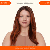 before and after image shown of model using normcore shampoo and conditioner with clinical claims hair is 7x more conditioned when used as a system with normcore shampoo and conditioner 