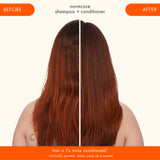 back of model's hair before and after image shown of model using normcore shampoo and conditioner with clinical claims hair is 7x more conditioned when used as a system with normcore shampoo and conditioner 