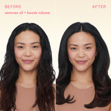 Before and after comparison of a woman's hair with text indicating oil removal and volume boost.