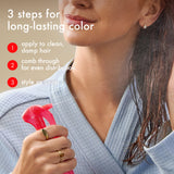 woman holds the protector treatment. steps read: "1) apply to clean, damp hair. 2) comb through for even distribution. 3) style as usual."