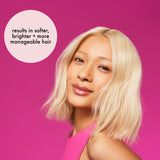 Woman with blonde hair against a pink background with text about hair benefits.