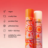 Two amika hair spray bottles with product features listed on a pink background