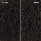 A split-screen close-up showing curly black hair texture labeled BEFORE on the left and AFTER on the right, with a thin white divider between the two panels.