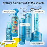 Amika hair care product lineup with labels on a blue background