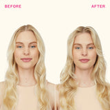 Before and after comparison of a woman with blonde hair on a white background