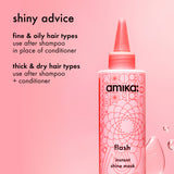 Amika flash instant shine mask bottle on a pink background with text about hair types.