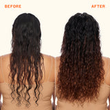 Before and after comparison of wavy hair extensions on a person.