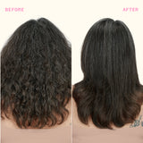 Before and after comparison of hair treatment on a person's head.