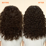 before and after image showing the back of a woman’s dark curly hair. the left “before” side is frizzy and undefined; the right “after” side is more hydrated, with smoother, more defined curls.