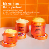 jars of soulfood mask sit on a white surface against an orange tiled background. The contents of the masks range from white to yellow in color. Text: "blame it on the superfruit: natural sea bukthorn varies in color and texture- and your soulfood mask may too. this is totally normal and doesn't impact efficacy. "