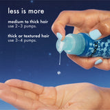 Hand holding a blue bottle with hair product, showing how much to use for different hair types on a blue background.