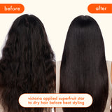 before + after image: model shown with hair styled before and after using amika superfruit star styling oil. Text reads: "Victoria applied superfruit star to dry hair before styling."
