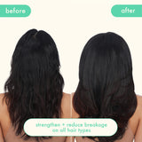 a before and after image of the back of a brunette model's hair. the model used products from the kure collection. the kure collection helps strengthen and reduce breakage on all hair types. 