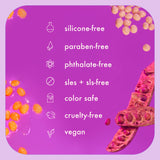 Purple background with cosmetic product and 'silicone-free' to 'vegan' text on a pink border.