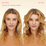 Before and after comparison of a woman's hair with text indicating product effects.