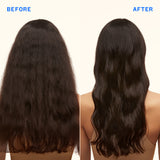 Before and after comparison of long dark brown hair, showing frizzy, textured hair on the left labeled BEFORE, and smooth, shiny, wavy hair on the right labeled AFTER, against a plain light background.