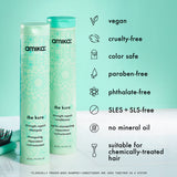 bottles of amika the kure shampoo and conditioner stand against a light green background. Text outlines details about this product: vegan, cruelty-free, paraben-free, phthalate-free, SLES  SLS-free, no mineral oik, suitable for chemically treated + color-treated hair. 