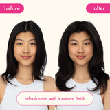 a before-and-after image: left is model before using perk up plus dry shampoo, right is after. 'refresh roots with a natural finish'