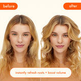 before-an-after image: hair on the left is before using amika x Ellis Brooklyn MIAMI NECTAR perk up dry shampoo, hair on the right is after. this dry shampoo instantly refreshes roots + boosts volume. 