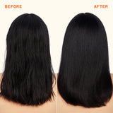Before and after comparison of black hair with a straight style on a plain background.