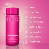 Pink bottle of Amika shower thoughts body wash on a pink background with product features listed.