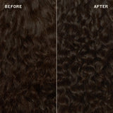 before and after image showing the back of a woman’s dark curly hair. the left “before” side is frizzy and undefined; the right “after” side is more hydrated, with smoother, more defined curls.