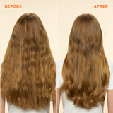 Before and after comparison of long, wavy hair on a beige background