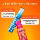 a bottle of amika water sign + a bottle of superfruit star with info bubbles. Text reads: "a hair oil for every hair need", "water sign: rich,hydrating oil for thick + textured hair types 2c -4c", "superfruit star: lightweight multitasking oil for fine-thick hair types 1-3c"