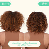 a before and after image of the back of a copper-haired model's hair.  the model used products from the kure collection. the kure collection helps strengthen and reduce breakage on all hair types. 