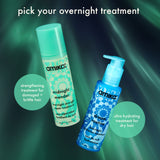 Two bottles of amika hair treatment products on a dark green background with text indicating different treatments.