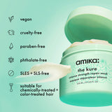 Amika 'the kure' intense strength repair mask with product details on a light green background