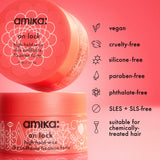 Amika hair product with features listed on a pink background