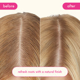 a before-and-after image: left is model before using perk up plus dry shampoo, right is after. 'refresh roots with a natural finish'