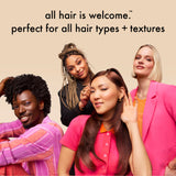 Four women with different hair types and styles on a beige background with text 'all hair is welcome. perfect for all hair types + textures'.