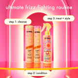ultimate frizz-fighting routine: step 1: cleanse with forget frizz anti-frizz shampoo. step 2: condition with forget frizz anti-frizz conditioner. step 3: treat + style with frizz-me-not hydrating anti-frizz treatment 