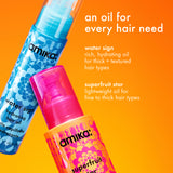 Two bottles of amika hair oils on an orange background with product descriptions.