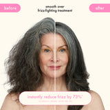 front of model's hair before + after using smooth over frizz-fighting treatment, instantly reduce frizz by 73%*. *clinically proven, after one use. 