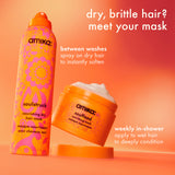 soulstruck nourishing dry hair mask spray and soulfood nourishing mask sit against an orange gradient background. text reads: dry, brittle hair? meet your mask. between washes: spray on dry hair to instantly soften. weekly in-shower: apply to wet hair to deeply.condition