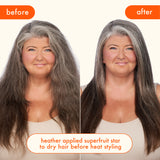 before + after image: model shown with hair styled before and after using amika superfruit star styling oil. Text reads: "Heather applied superfruit star to dry hair before heat styling"