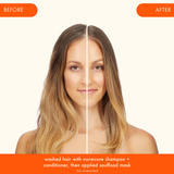 front of model's hair washed hair with normcore shampoo and conditioner then applied soulfood mask and showing before and after 