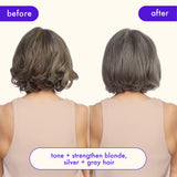 the bust your brass system visibly tones and strengthens blonde, silver, and gray hair. The before image shows a model's hair with brassy, warm tones, while the after reveals cooler, brighter hues with enhanced vibrancy and shine. The product helps neutralize brassiness, leaving hair looking healthier, stronger, and more refreshed.