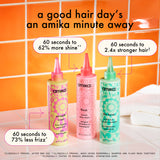 a good hair day's an amika minute away. use the smooth over frizz-fighting treatment for 60 seconds for 73% less frizz*. use the flash instant shine mask for 60 seconds for 62% more shine**. use the kure muti-task treatment for 60 seconds for 2.4x stronger hair***. *clinically proven, after one use. **clinically proven, when using mirrorball shampoo + flash mask together. ***clinically tested to reduce breakage and strengthen hair. 